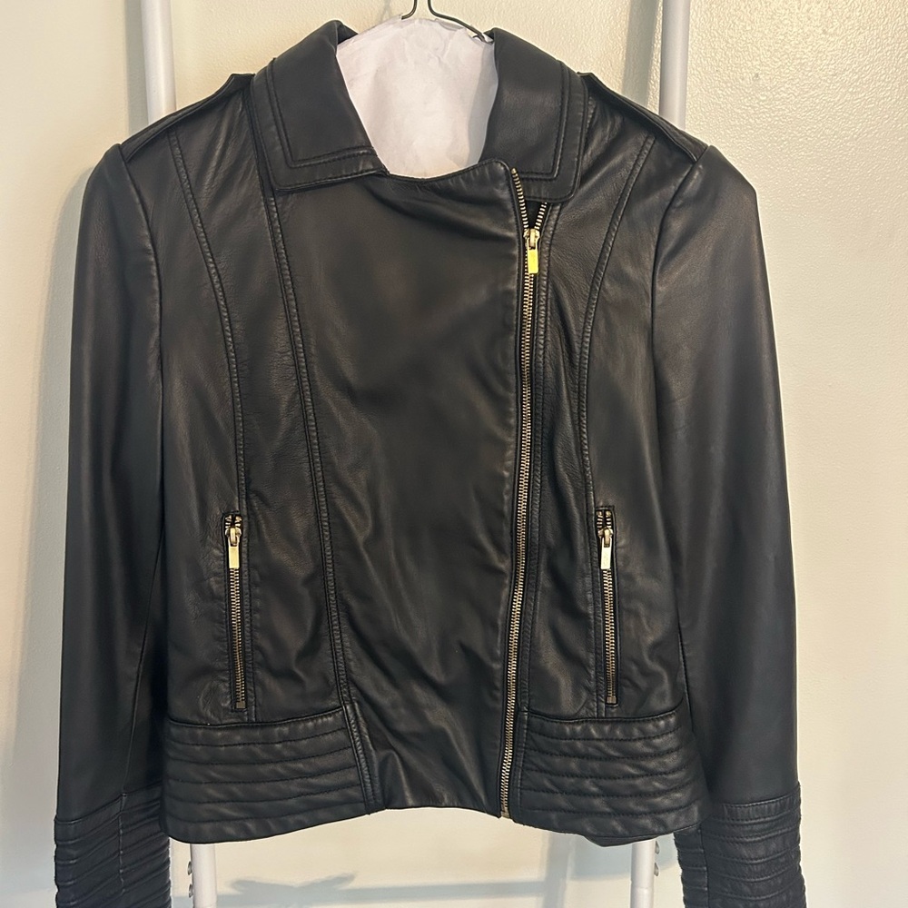 Badgley Mischka Black Leather Jacket with Gold Accents